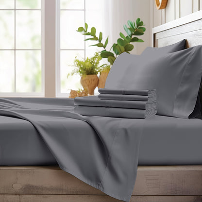 Bamboo Cooling Sheet Set 4-Piece – Cooling Bamboo Fiber Fitted Sheet, Flat Sheet & 2 Pillowcases for Hot Sleepers, Extra Deep Pocket, Twin Full Queen King, 17 Colors