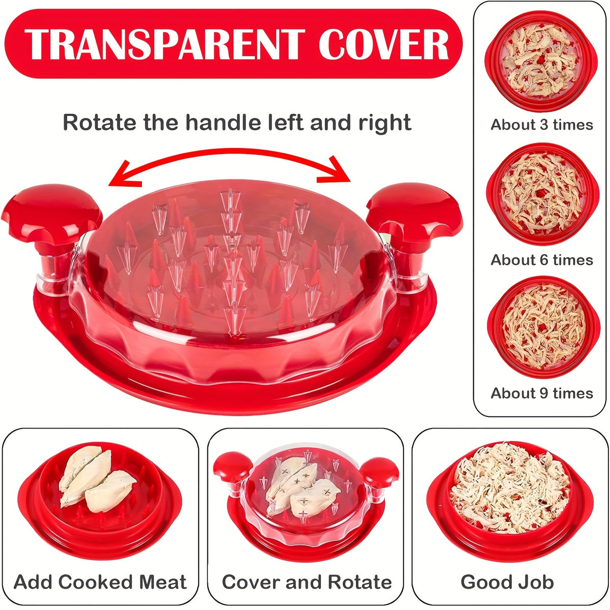 Chicken Shredder Tool Twist – Large Visible Meat Shredder with Transparent Lid, Anti-Slip Base & Cleaning Brush, Effortless Chicken Breast Chopper for Pork, Beef & Vegetables