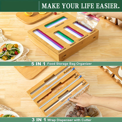 Bamboo Kitchen Drawer Organizer 7-in-1 & 9-in-1 – Plastic Wrap, Foil & Storage Bag Holder with Cutter, Compatible with Gallon, Quart, Sandwich & Snack Size Bags, Kitchen Drawer Storage