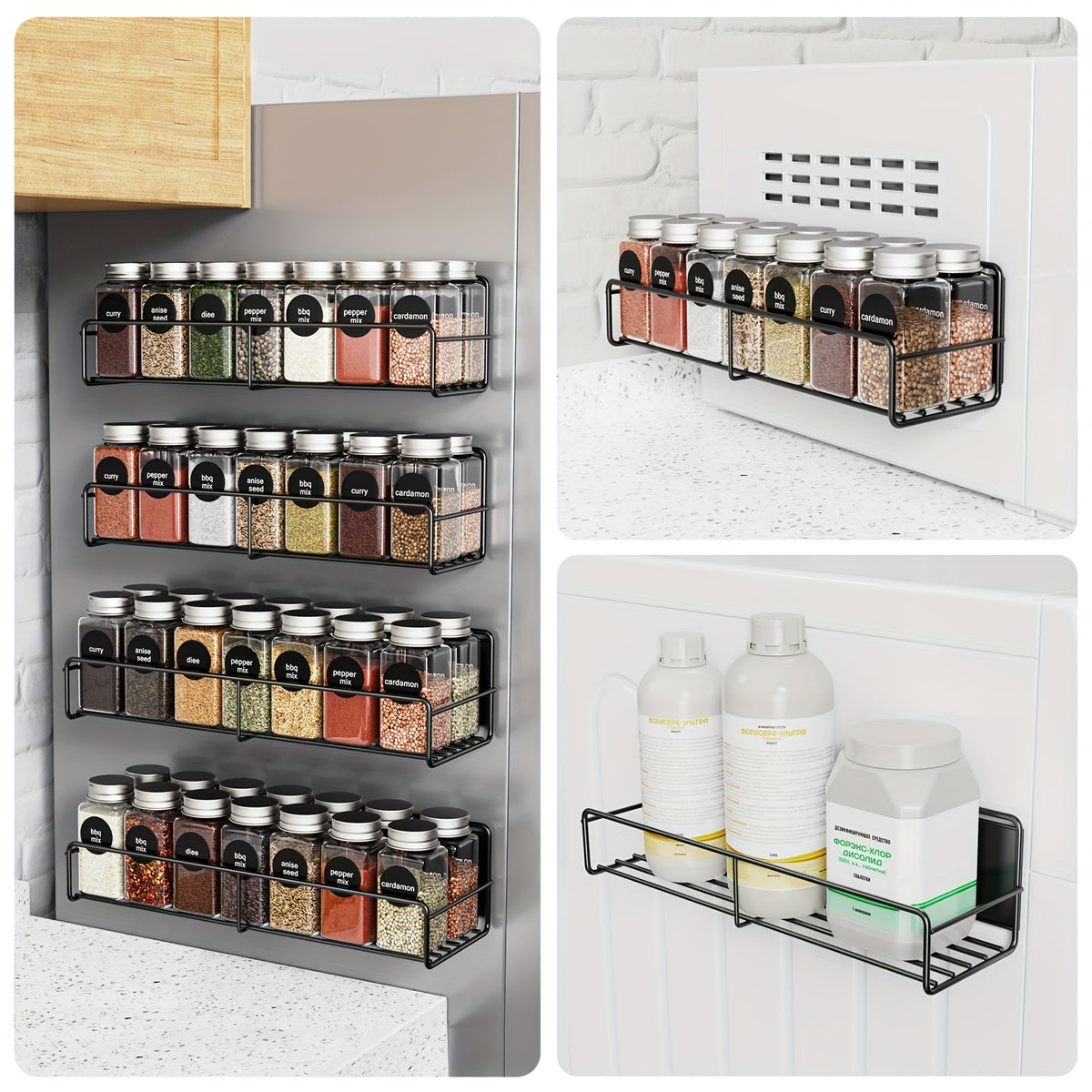 Magnetic Spice Shelf 4-Pack No-Drill Refrigerator Kitchen Storage Rack – Adjustable Strong Magnetic Wall Mounted Shelf for Spices, Coffee Bar, Washing Machine, Kitchen Organizer Accessories