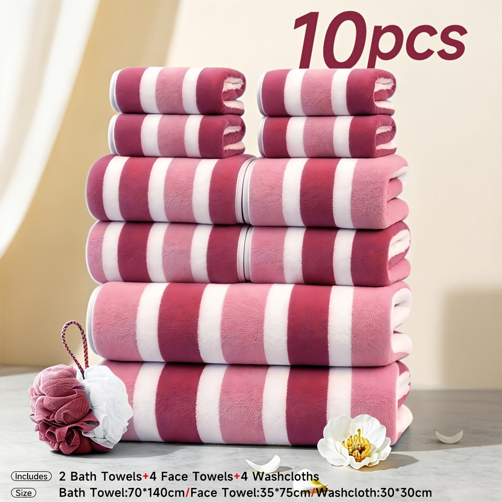 Microfiber Towel Set – Ultra-Soft No Lint Two-Color Striped Bath Towels, Super Absorbent Five-Star Hotel Standard, Available in 1, 3 & 10 Piece Sets for Bathroom, Beach, Gym & Spa