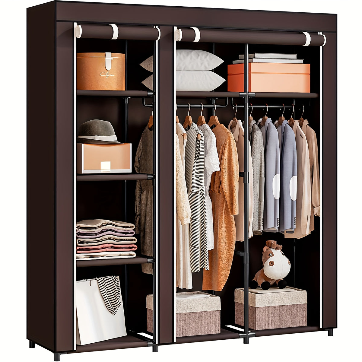 Portable Wardrobe Closet Organizer 51 Inch – Metal Hanging Rack with Non-Woven Fabric Cover, Freestanding Clothes Storage for Bedroom Apartment Dorm