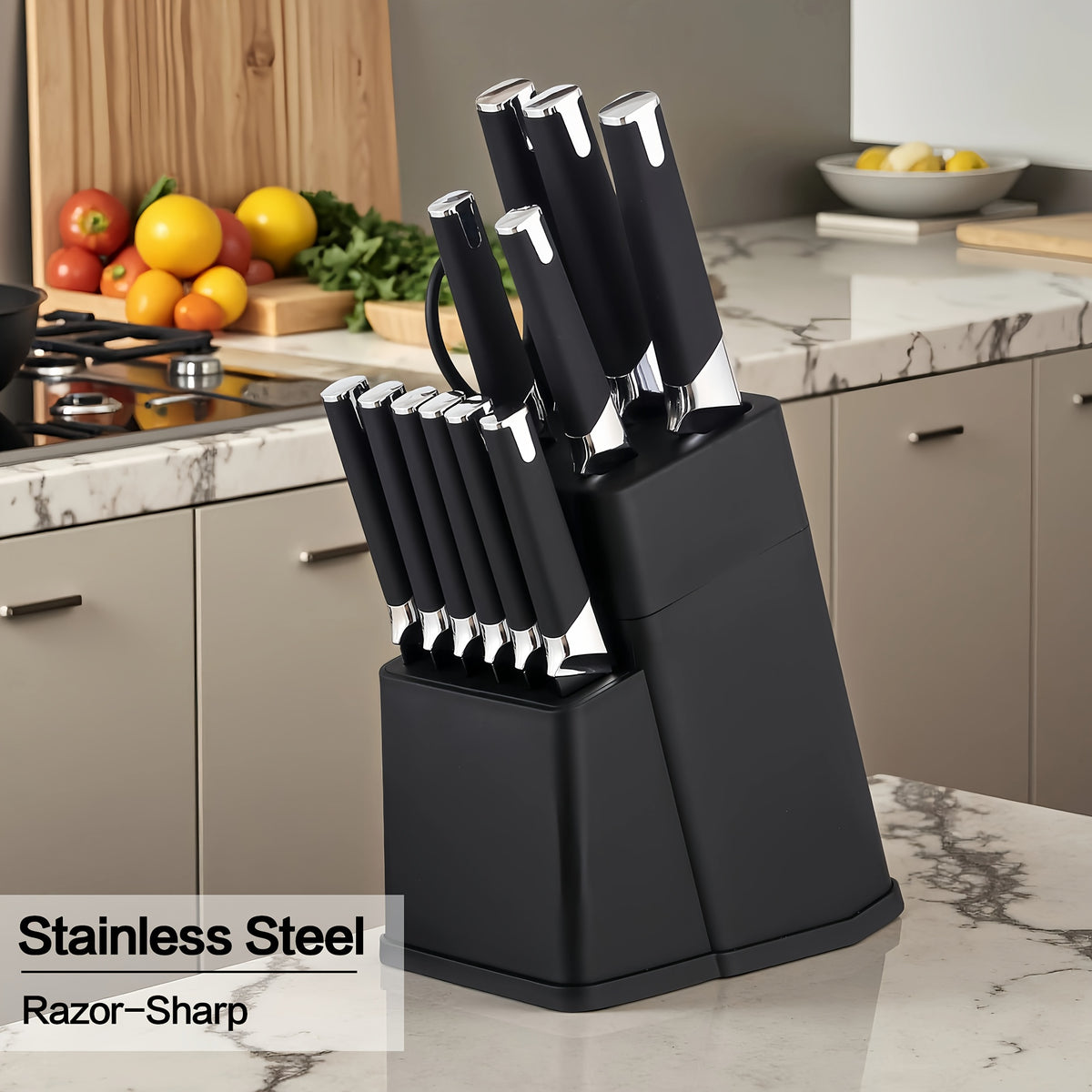 13-Piece Kitchen Knife Set with Block Holder - Chef Knife, Bread Knife, 6 Steak Knives & Scissors - Sharp Stainless Steel Blades, Durable Ergonomic Handle, Perfect Housewarming Gift for Home Kitchen