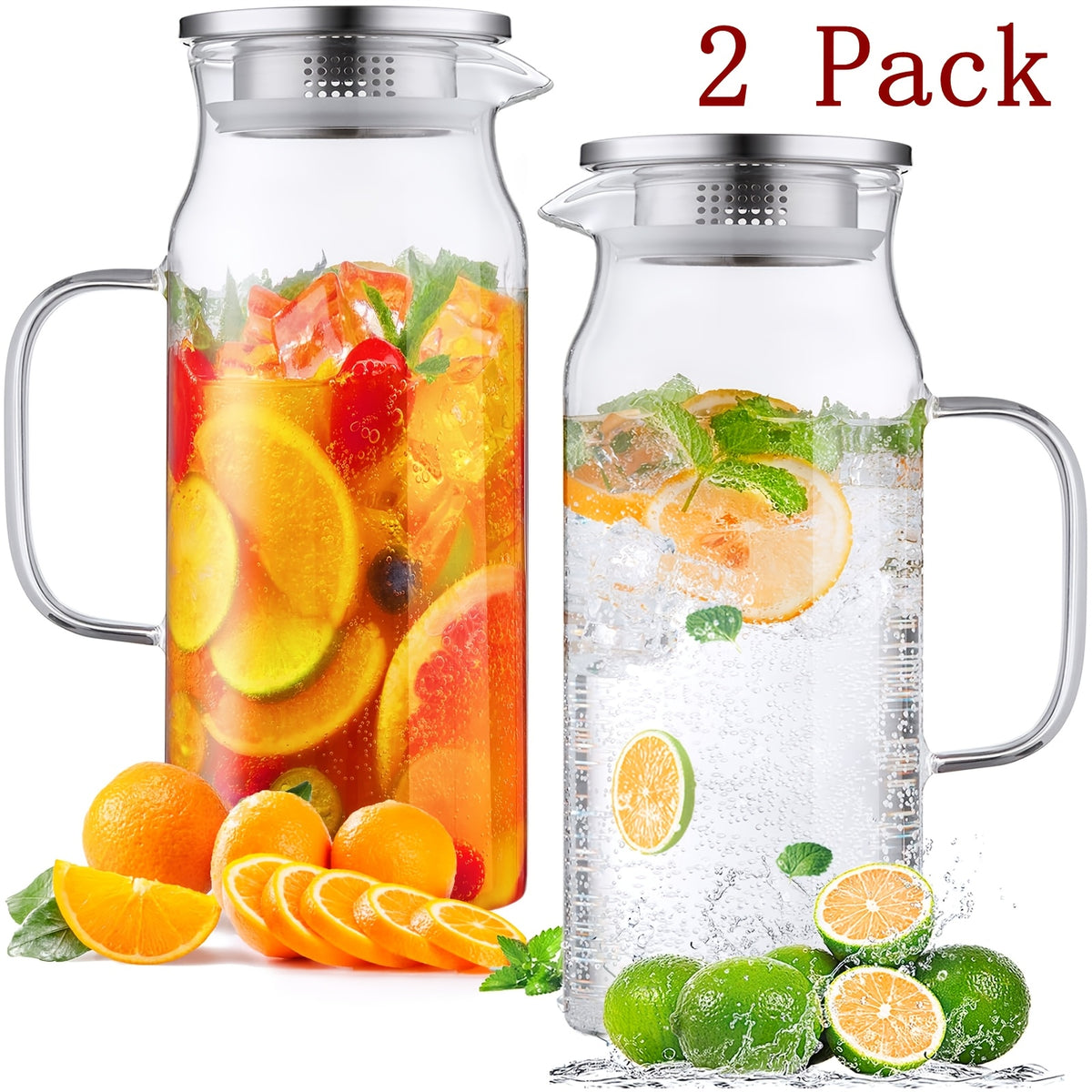 Glass Pitcher with Lid & Handle 68oz – Borosilicate Water Jug for Fridge, Iced Tea, Coffee Carafe & Cold Drinks, Heat Resistant, 304 Stainless Steel Lid, 1 or 2 Pack