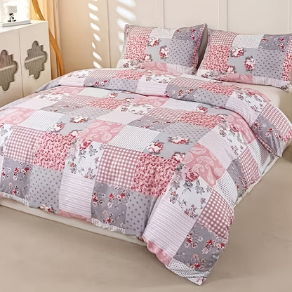 Floral Print Duvet Cover Set 3-Piece Kids Bedding with Zipper Closure, Patchwork Pastoral Style Comforter Cover + 2 Pillowcases, All-Season Lightweight, Twin Full Queen King – No Insert