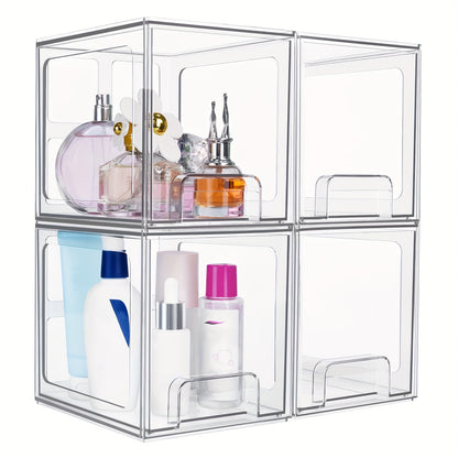 Stackable Storage Drawers 4 Pack Clear Acrylic Makeup Organizer - BPA-Free Bathroom Vanity Countertop Storage Bins for Skincare, Perfume & Cosmetics, Pull-Out Handle, Non-Slip, Multi-Room Use