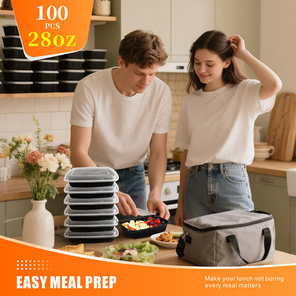 Meal Prep Containers with Lids 28oz Bulk Set - Stackable Leakproof Food Storage Containers, Reusable Bento Lunch Box, Microwave Dishwasher Freezer Safe for Meal Prep, Takeout & Catering, Black Rectangular