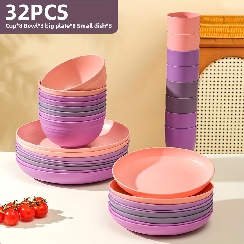 Wheat Straw Dinnerware Set 16/32 Piece, Unbreakable Plastic Plates Bowls Cups for Camping Outdoor Picnic, BPA-Free Lightweight Tableware for 4/8 People, Dishwasher Safe Kitchen Dining Set Black Colorful