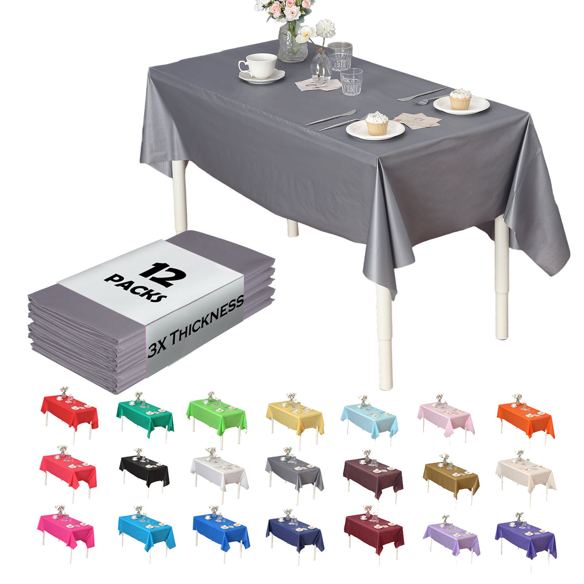 Disposable Plastic Tablecloth 12-Pack – Heavy Duty Table Cover for Parties, 84" Round & 54"x108" Rectangle, 22 Colors for Kitchen Dining Outdoor Events