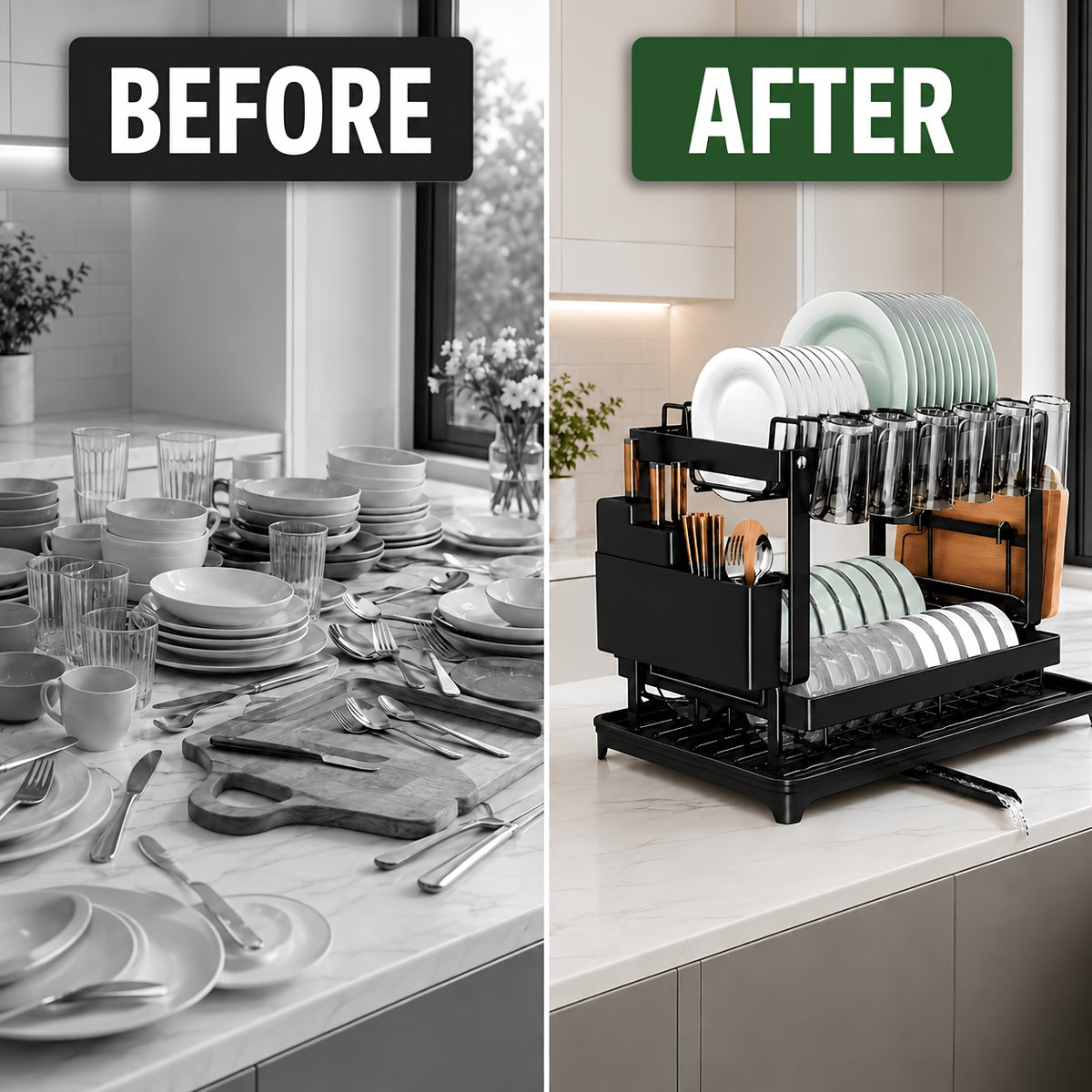 Metal Dish Drying Rack 2 Tier with Drainboard – Rust-Resistant Countertop Dish Drainer, Space-Saving Kitchen Organizer for Plates Cups Utensils, Available in Gray White Black