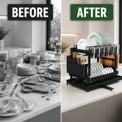 Metal Dish Drying Rack 2 Tier with Drainboard – Rust-Resistant Countertop Dish Drainer, Space-Saving Kitchen Organizer for Plates Cups Utensils, Available in Gray White Black