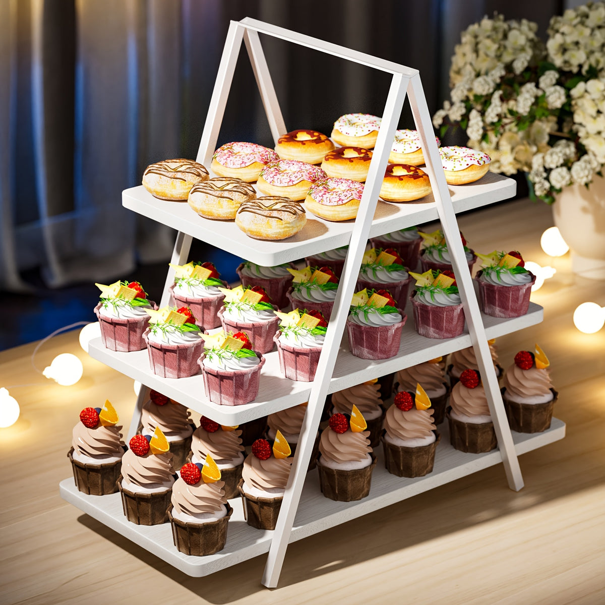 3-Tier Wooden Cupcake Display Stand | Dessert Tower for Parties, Weddings & Events | Holds 50 Cupcakes, Vintage Style Cake Stand, Black, White & Brown