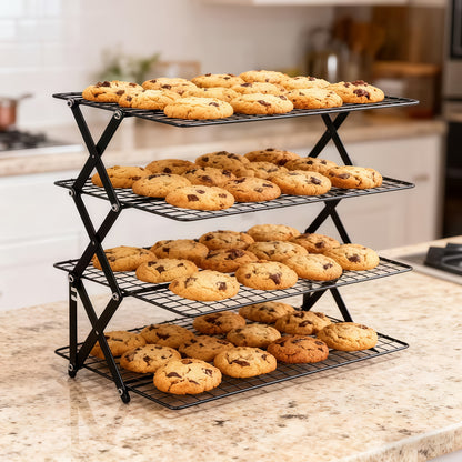 Collapsible Baking Cooling Rack 3 or 4 Tier – Stackable Metal Wire Rack for Baking Trays with Adjustable Settings, Baking Tools Set & Camping Grill for Cooking, Cooling & Cake Drying