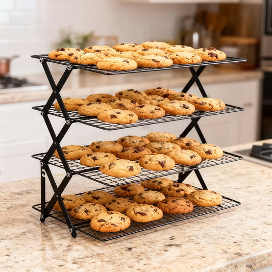 Collapsible Baking Cooling Rack 3 or 4 Tier – Stackable Metal Wire Rack for Baking Trays with Adjustable Settings, Baking Tools Set & Camping Grill for Cooking, Cooling & Cake Drying