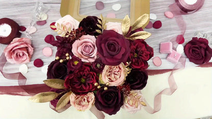Artificial Rose Bouquet Wine Red – Plastic Faux Flowers for Wedding Engagement Tabletop Decor, Halloween Day of the Dead Memorial Day Fall Winter Events