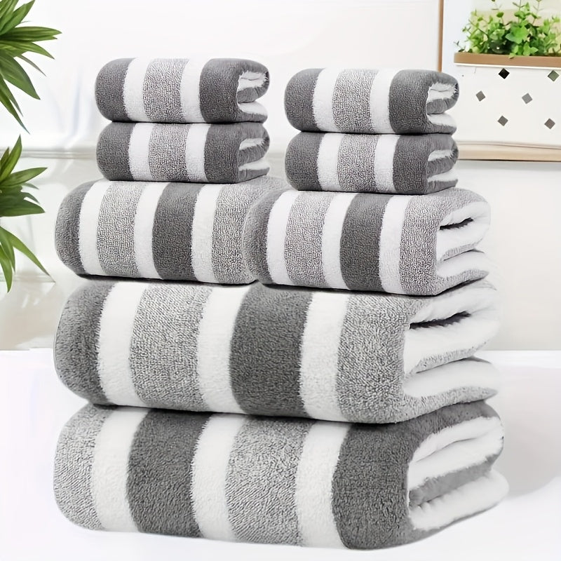 Bath Towel Set 8-Piece Ultra-Soft Absorbent Two-Tone Striped Towels - 2 Bath Towels, 2 Face Towels, 4 Hand Towels - Lint-Free Quick-Dry Bathroom Towels for Home, Hotel, Spa, Red & Gray Options