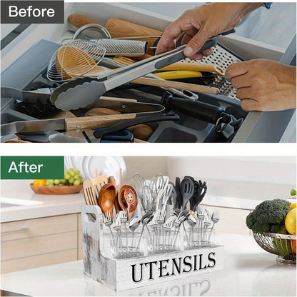 Extra Large Kitchen Utensil Organizer 4 Compartments Wooden Countertop Utensil Holder - Farmhouse Rustic Kitchen Storage for Cooking Utensils Spatulas Spoons - White Black