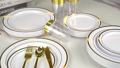 Disposable Plates for Parties 350/700 Piece Dinnerware Set with Dinner Plates, Salad Plates, Cups, Cutlery & Napkins – Gold & Silver for Wedding, Birthday, Graduation, Holiday Celebrations