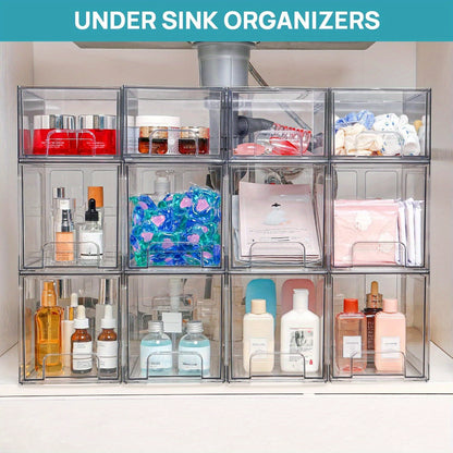 Stackable Storage Drawers 4 Pack Clear Acrylic Makeup Organizer - BPA-Free Bathroom Vanity Countertop Storage Bins for Skincare, Perfume & Cosmetics, Pull-Out Handle, Non-Slip, Multi-Room Use