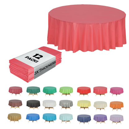 Disposable Plastic Tablecloth 12-Pack – Heavy Duty Table Cover for Parties, 84" Round & 54"x108" Rectangle, 22 Colors for Kitchen Dining Outdoor Events