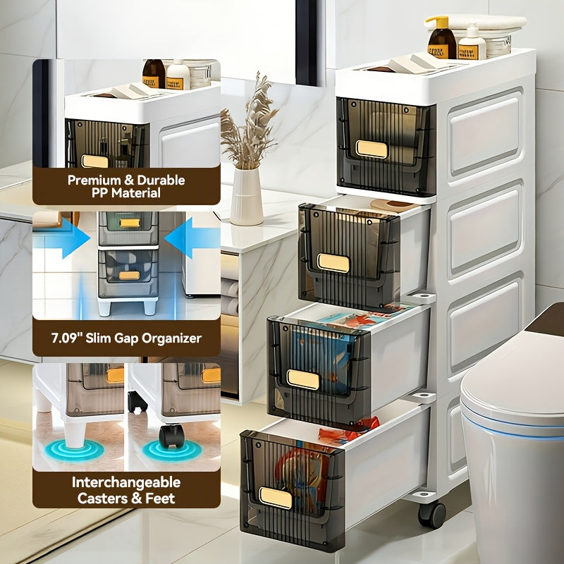 Slim Storage Cabinet with Drawers 3 4 5 6 Tier, Waterproof PP Plastic Drawer Organizer Unit for Bathroom Kitchen Bedroom, Narrow Rolling Storage Cart with Wheels for Small Spaces
