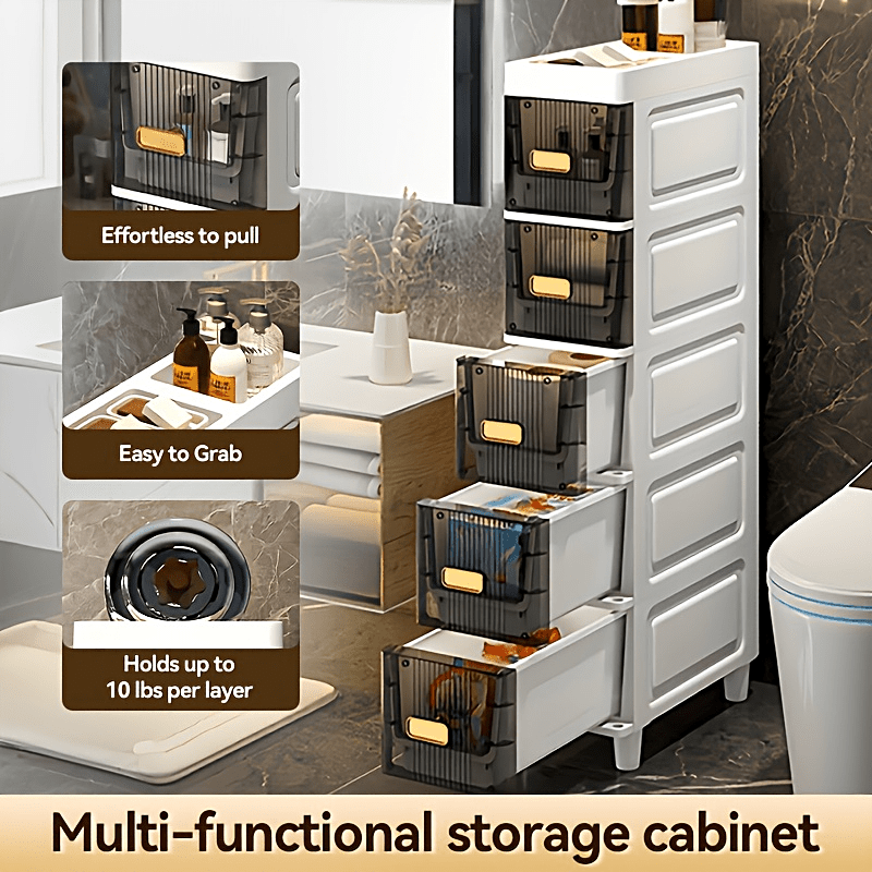 Slim Storage Cabinet with Drawers 3 4 5 6 Tier, Waterproof PP Plastic Drawer Organizer Unit for Bathroom Kitchen Bedroom, Narrow Rolling Storage Cart with Wheels for Small Spaces