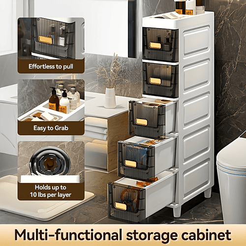 Slim Storage Cabinet with Drawers 3 4 5 6 Tier, Waterproof PP Plastic Drawer Organizer Unit for Bathroom Kitchen Bedroom, Narrow Rolling Storage Cart with Wheels for Small Spaces