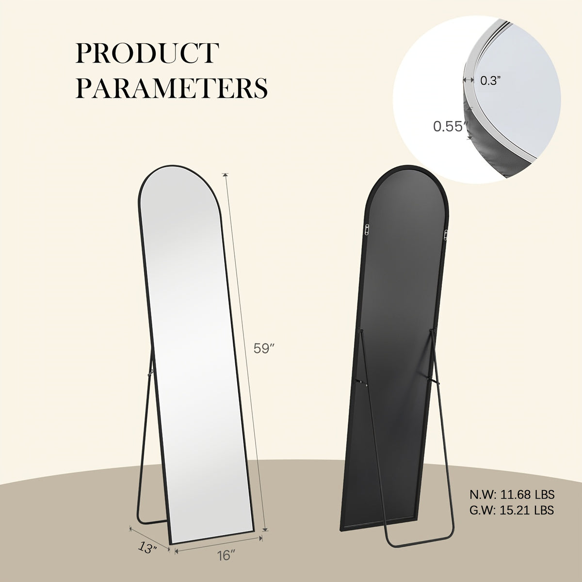 Arched Full Length Mirror 59"x16" Floor Mirror with Aluminum Alloy Frame & Shatter-Proof Nano Glass – Standing Full Body Wall Mirror for Bedroom Living Room Cloakroom