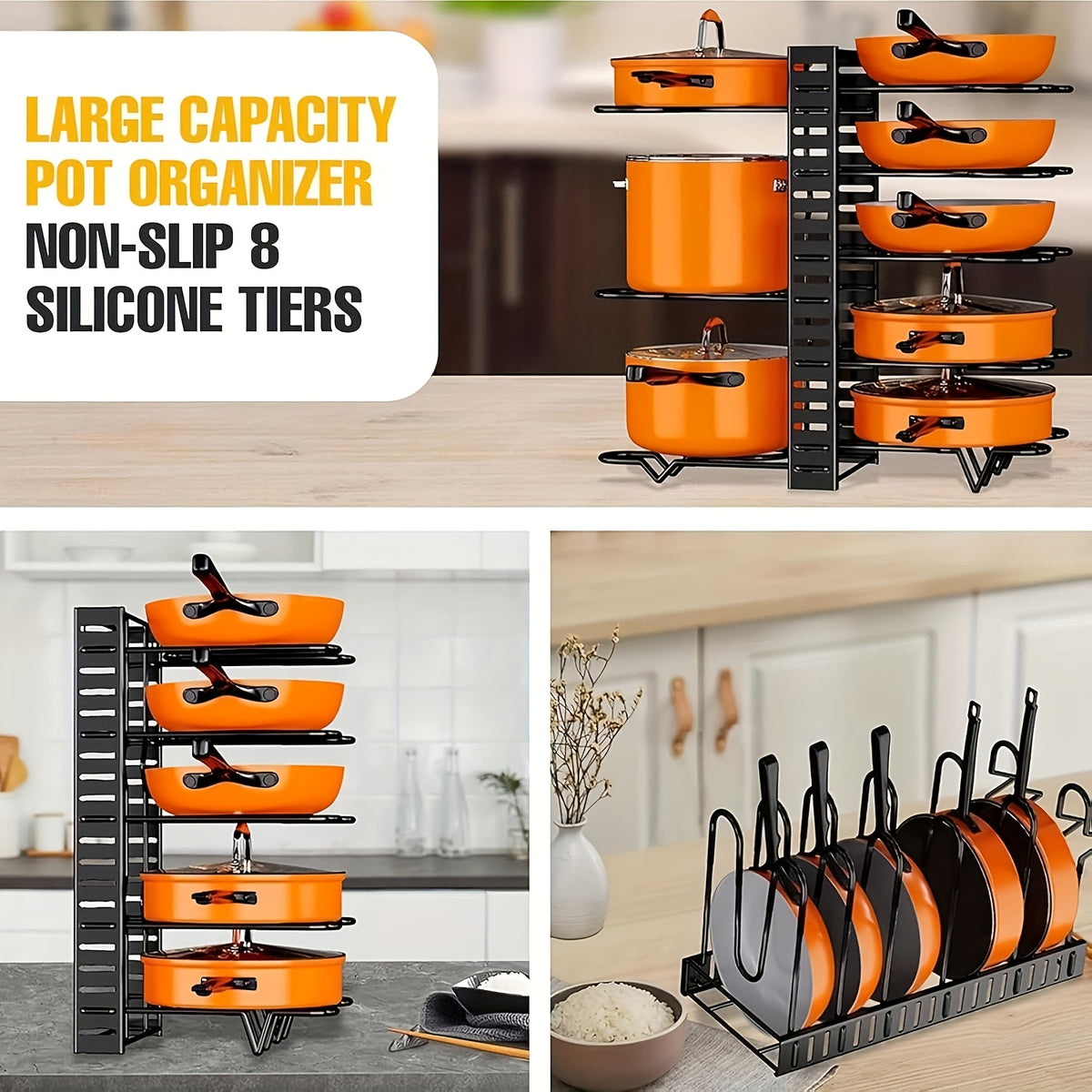 8-Tier Pot and Pan Organizer with Lid Rack – Kitchen Cabinet Cookware Storage Rack for Pots, Pans, Lids and Utensils, Space Saving Adjustable Holder