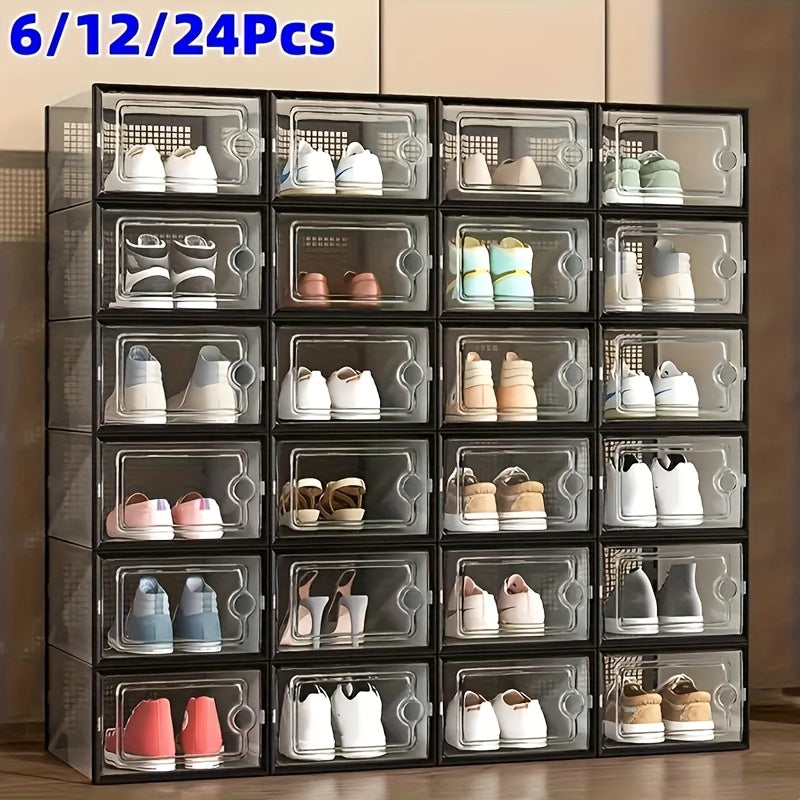 Stackable Shoe Boxes Clear Plastic with Lid Foldable Sneaker Storage Organizer – Space-Saving Transparent Shoe Rack Containers for Entryway & Bedroom, 6, 12 & 24 Pack in White, Black & Grey