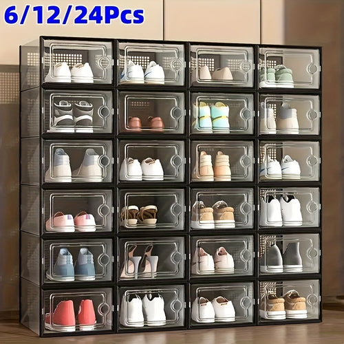 Stackable Shoe Boxes Clear Plastic with Lid Foldable Sneaker Storage Organizer – Space-Saving Transparent Shoe Rack Containers for Entryway & Bedroom, 6, 12 & 24 Pack in White, Black & Grey