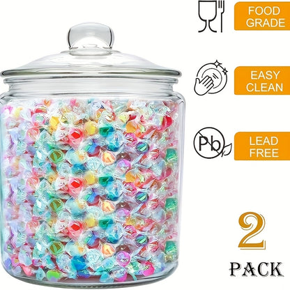 Glass Pantry Jars with Clamshell Lid Set of 2 - Airtight Food Storage Containers for Kitchen Countertop, Includes Spoons, Label Pen & Stickers, Reusable Round Glass Jars for Coffee, Pasta, Candy