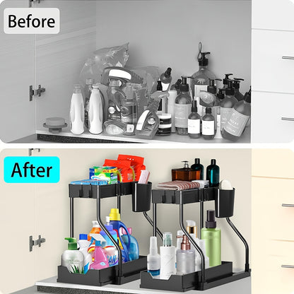 Under Sink Organizer 2 Pack Pull Out Sliding Shelf – Durable Cabinet Organizer with Sliding Drawers for Bathroom Kitchen Space-Saving Storage Solution – Black White Sleek Design