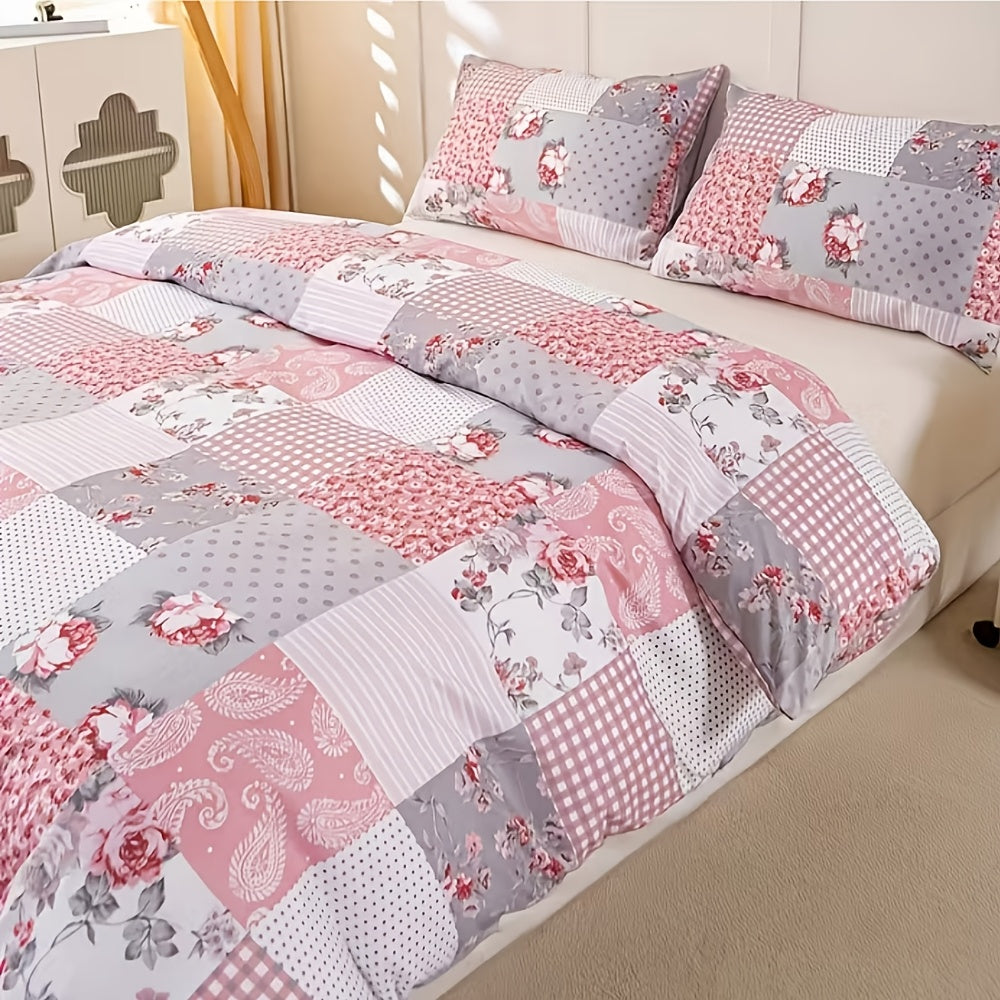 Floral Print Duvet Cover Set 3-Piece Kids Bedding with Zipper Closure, Patchwork Pastoral Style Comforter Cover + 2 Pillowcases, All-Season Lightweight, Twin Full Queen King – No Insert