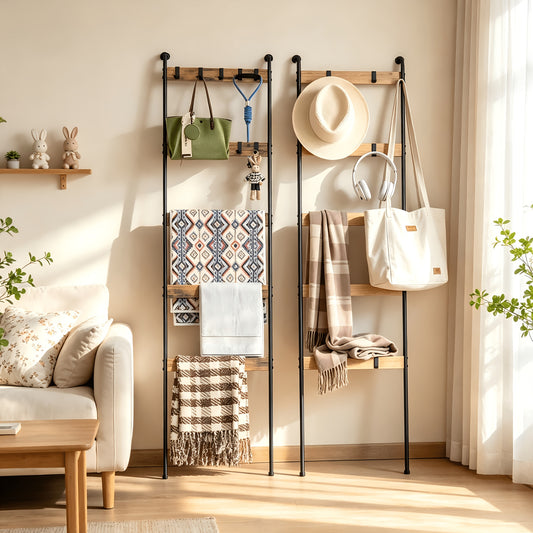 Blanket Ladder 5-Tier Farmhouse Towel Rack with 10 Removable Hooks, Freestanding Metal Blanket Holder for Living Room & Bathroom, Decorative Quilt Ladder Standing Towel Drying Storage Rack – Brown