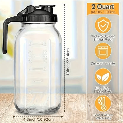 Mason Jar with Handle and Lid 64oz, 2/3 Pack BPA-Free Borosilicate Glass Jar with Lid, Leak-Proof Wide Mouth Beverage Carafe for Water Juice Smoothie, Sports Outdoor Kitchen Gift, Pink Black Blue