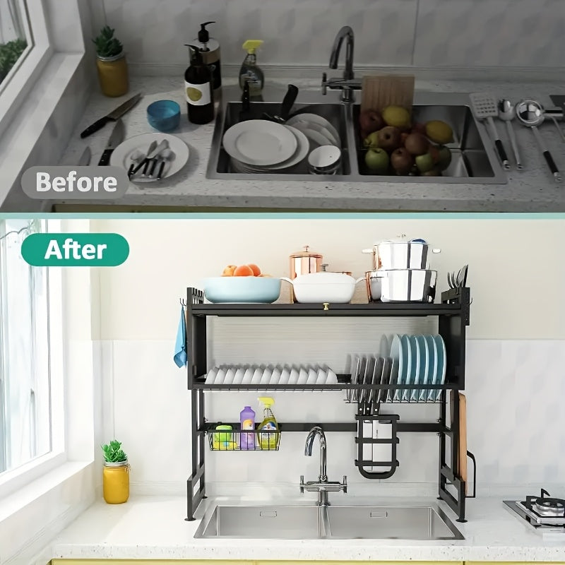 Dish Drying Rack for Kitchen Counter, Multi-Layer Countertop Dish Rack with Dust Cover, Large Capacity Organizer for Dishes Cups Utensils, Space Saving Kitchen Drying Rack in Black