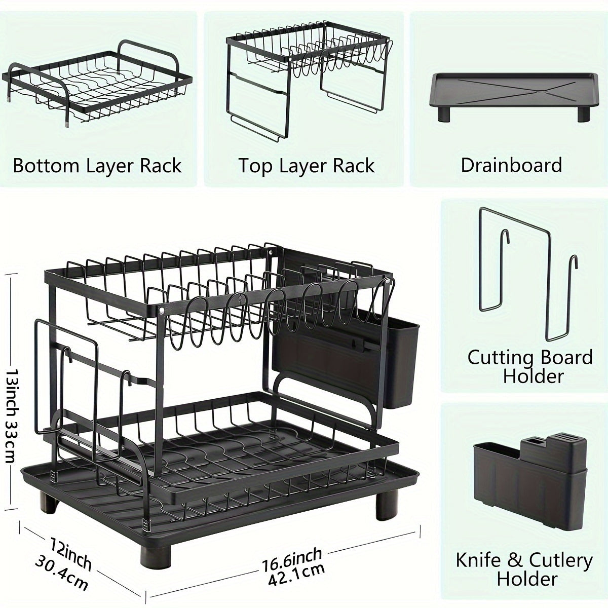 2 Tier Dish Drying Rack with Drainboard – Metal Kitchen Counter Dish Drainer Rack with Drain Tray, Large Capacity Drying Rack for Dishes Cups Utensils, Black White Gray