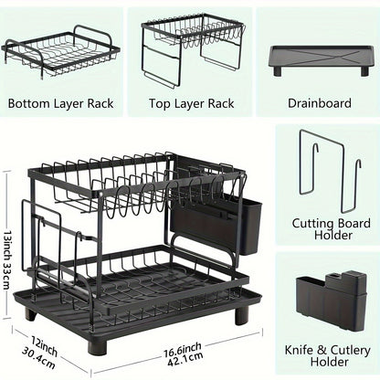 2 Tier Dish Drying Rack with Drainboard – Metal Kitchen Counter Dish Drainer Rack with Drain Tray, Large Capacity Drying Rack for Dishes Cups Utensils, Black White Gray