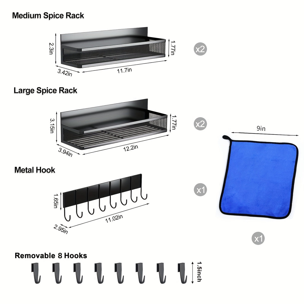Magnetic Spice Rack for Refrigerator - Movable Metal Fridge Shelf Organizer with 8 Hooks, Multi-Purpose Magnetic Seasoning Rack for Kitchen Side Wall Storage, Space-Saving, Black White 3 5 Pack