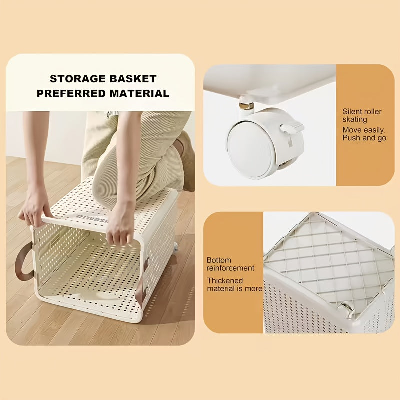 Foldable Laundry Basket with Wheels Large Capacity – Plastic Collapsible Wheeled Hamper for Bathroom, Balcony & Small Apartment, Portable Rolling Laundry Bin in Cream & White