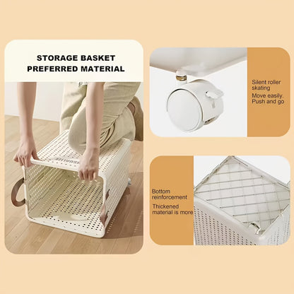 Foldable Laundry Basket with Wheels Large Capacity – Plastic Collapsible Wheeled Hamper for Bathroom, Balcony & Small Apartment, Portable Rolling Laundry Bin in Cream & White