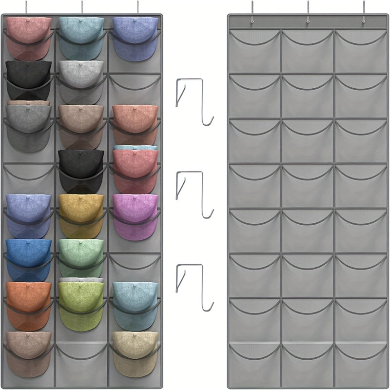 Over The Door Hat Organizer 24 Pocket Baseball Cap Rack with Clear Pockets and 3 Hooks Closet Hat Storage Holder for Hat Display and Protection