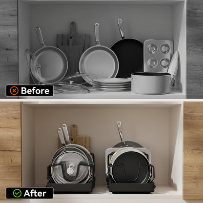 Pull Out Cabinet Organizer Set of 2 - Slide Out Pot and Pan Organizer for Under Cabinet, Pot Lid Holder Rack with 8 Adjustable Dividers, Drill-Free Kitchen Cabinet Cookware Storage Shelf, Black