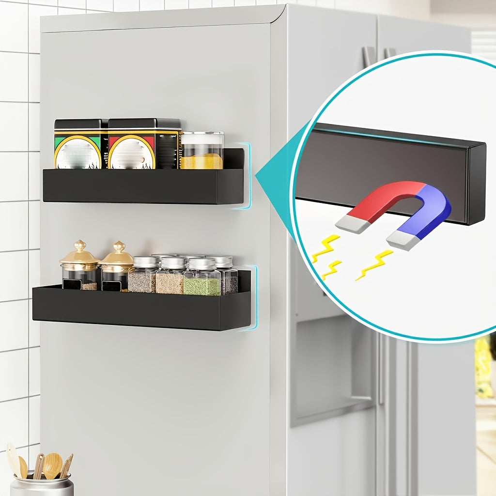 Magnetic Fridge Organizer Shelf Set - Movable Metal Refrigerator Storage Rack, Multi-Purpose Magnetic Spice Shelf for Kitchen & Bathroom, Space-Saving Side Wall Organizer, Black White 2pcs 4pcs