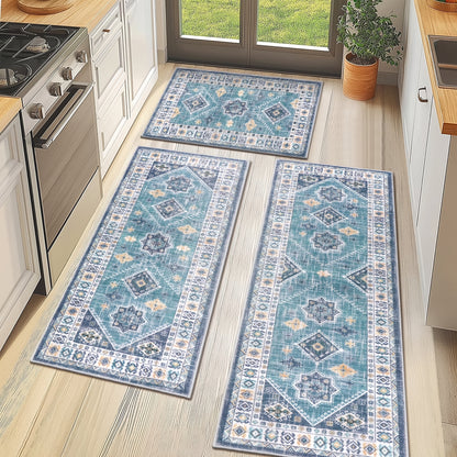 Boho Kitchen Mat Set 3-Piece with Runner – Non-Slip Washable Thick Kitchen Rugs and Mats for Floor, Kitchen Runner Rug for Hallway Laundry Room Holiday Decor