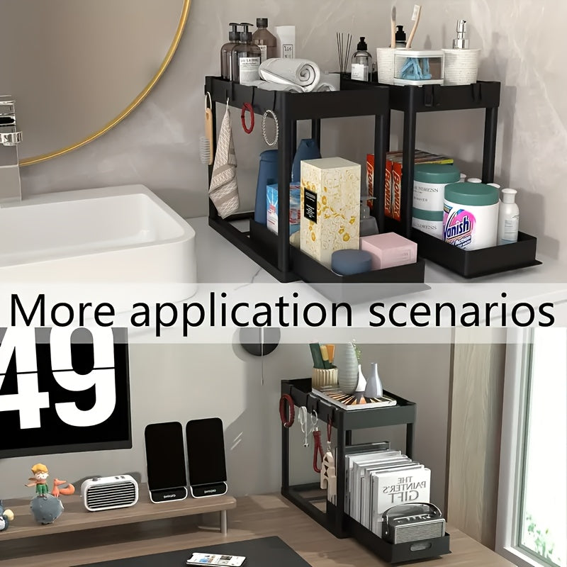 Under Sink Organizer 2 Pack – Double Tier Sliding Storage Basket with 8 Hooks, Adjustable Cabinet Organizer for Kitchen Bathroom Under Sink Storage, Moonlight White Matt Black Light Gray