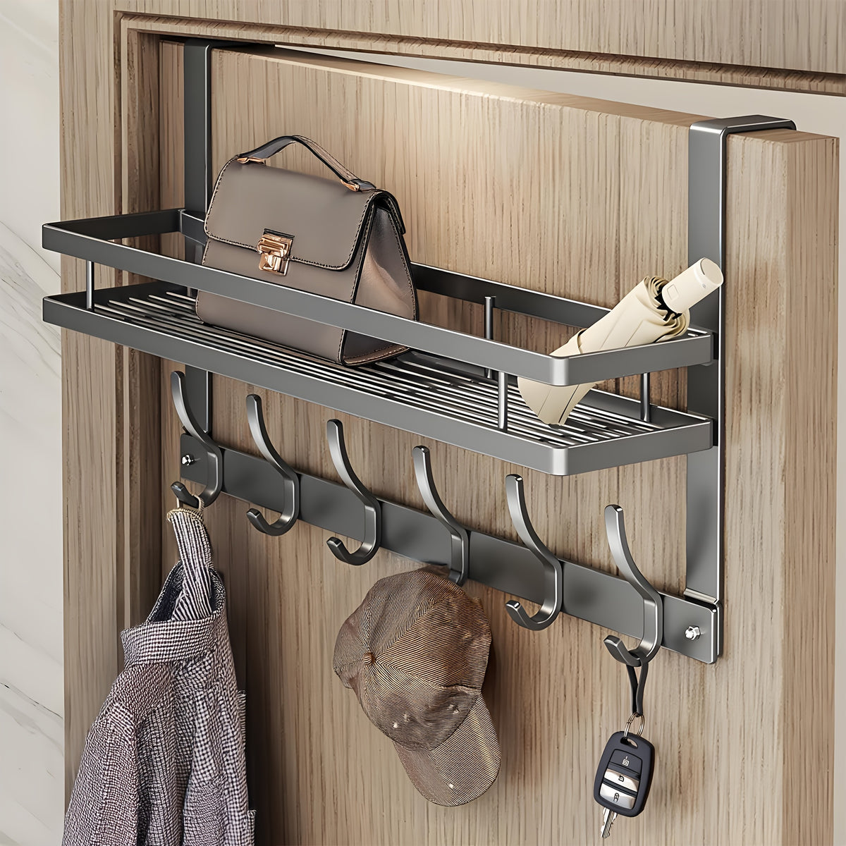 Behind Door Hook Rack No Drill – Heavy Duty Metal Door Hanger Organizer with 5 6 or 8 Hooks, Space-Saving Storage for Clothes Bags Keys, Bedroom Bathroom Entryway Wardrobe, Modern Design