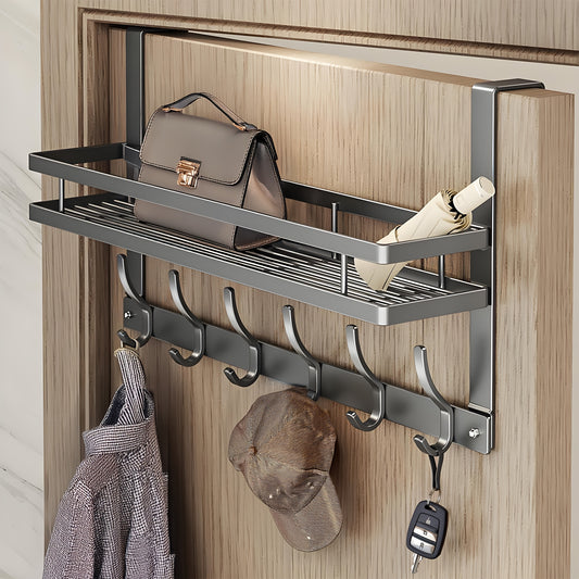 Behind Door Hook Rack No Drill – Heavy Duty Metal Door Hanger Organizer with 5 6 or 8 Hooks, Space-Saving Storage for Clothes Bags Keys, Bedroom Bathroom Entryway Wardrobe, Modern Design