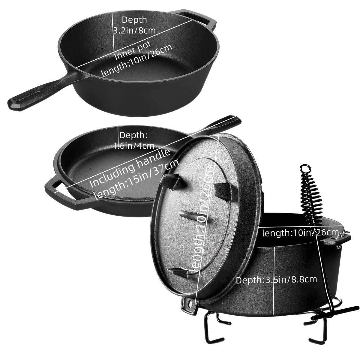 Cast Iron Cookware Set for Kitchen & Camping, Non-Stick Skillets Dutch Oven Griddle & Pizza Pan, Works on Induction & Open Fire, Even Heat Distribution, 500°F Oven Safe, BBQ & Outdoor Cooking